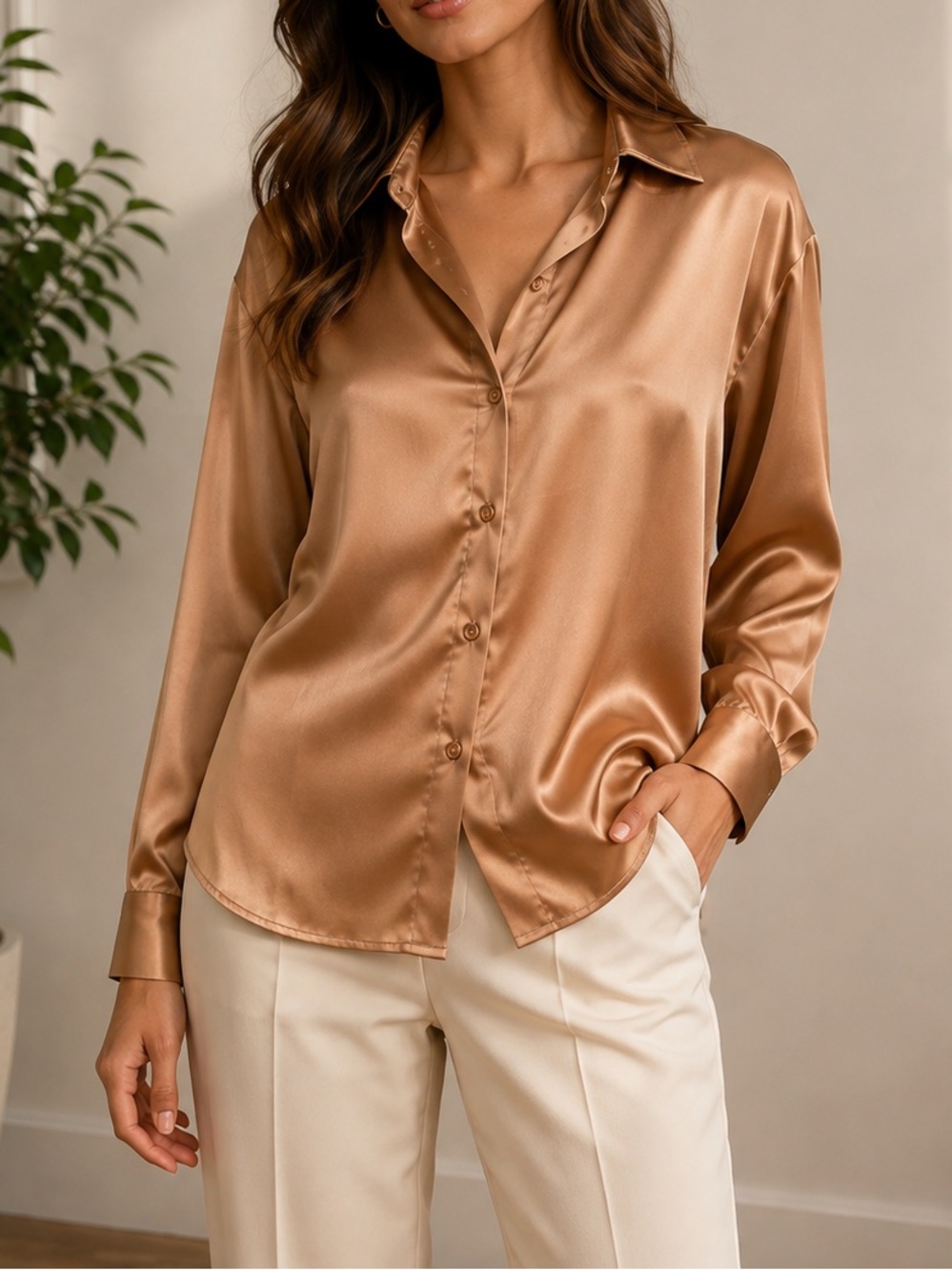 NWT Satin Button-Down Blouse in Bronze